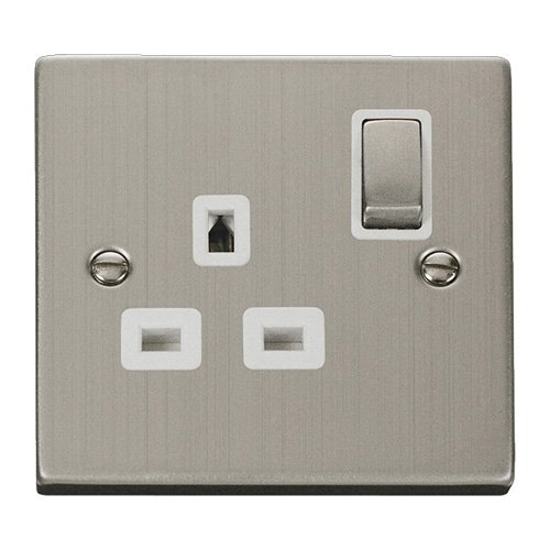 Deco Stainless Steel 1G 13A Switched Socket White Trim